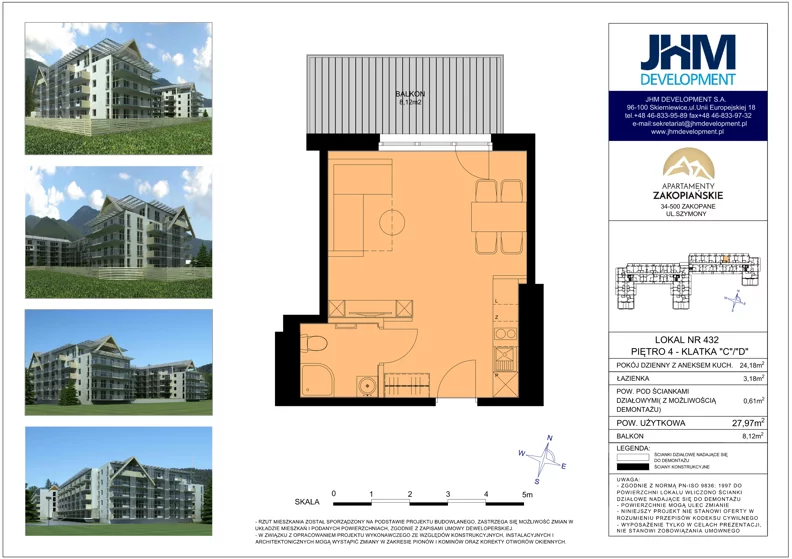 1 pokój, apartament 26,94 m², piętro 4, oferta nr 432, Apartamenty Zakopiańskie, Zakopane, ul. Szymony 17E