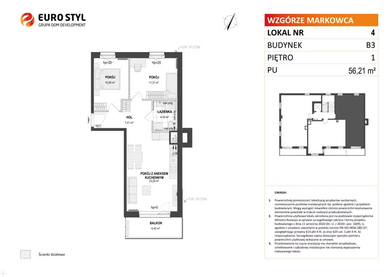 3 pokoje, mieszkanie 56,21 m², piętro 1, oferta nr B3/4, Wzgórze Markowca, Rumia, Zagórze, ul. Markowców