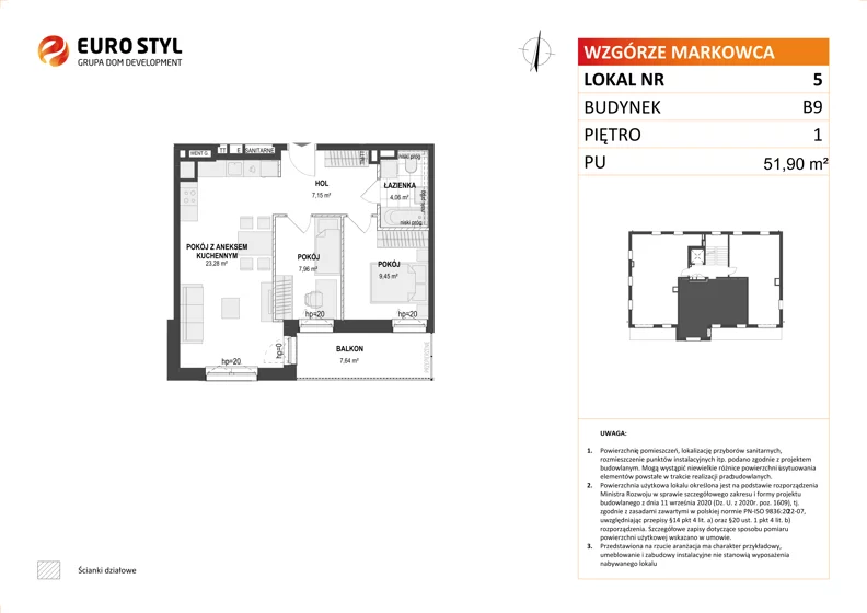 3 pokoje, mieszkanie 51,90 m², piętro 1, oferta nr B9/5, Wzgórze Markowca, Rumia, Zagórze, ul. Markowców