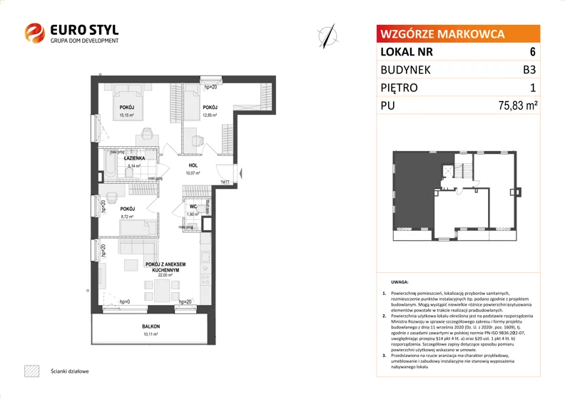 4 pokoje, mieszkanie 75,83 m², piętro 1, oferta nr B3/6, Wzgórze Markowca, Rumia, Zagórze, ul. Markowców