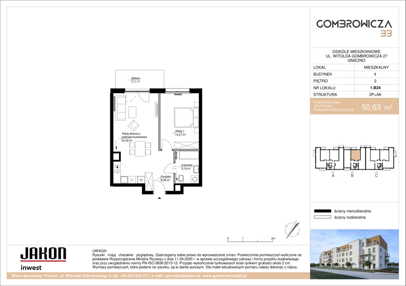 2 pokoje, mieszkanie 50,63 m², piętro 2, oferta nr 1.B24, Gombrowicza 33, Gniezno, ul. Gombrowicza 33