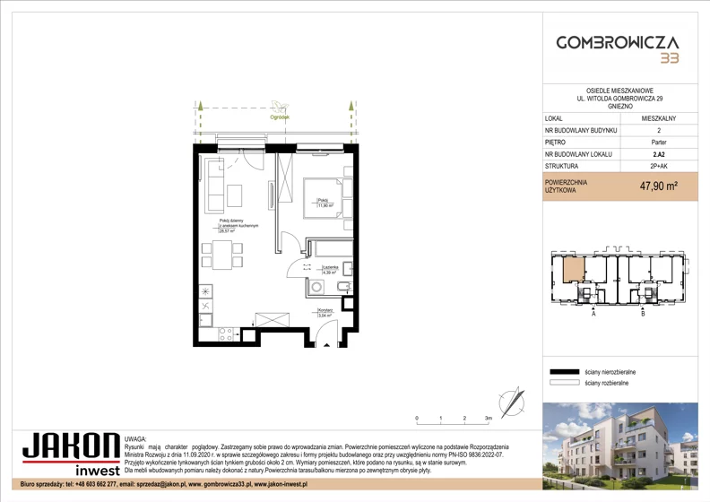 2 pokoje, mieszkanie 47,90 m², parter, oferta nr 2.A2, Gombrowicza 33, Gniezno, ul. Gombrowicza 33
