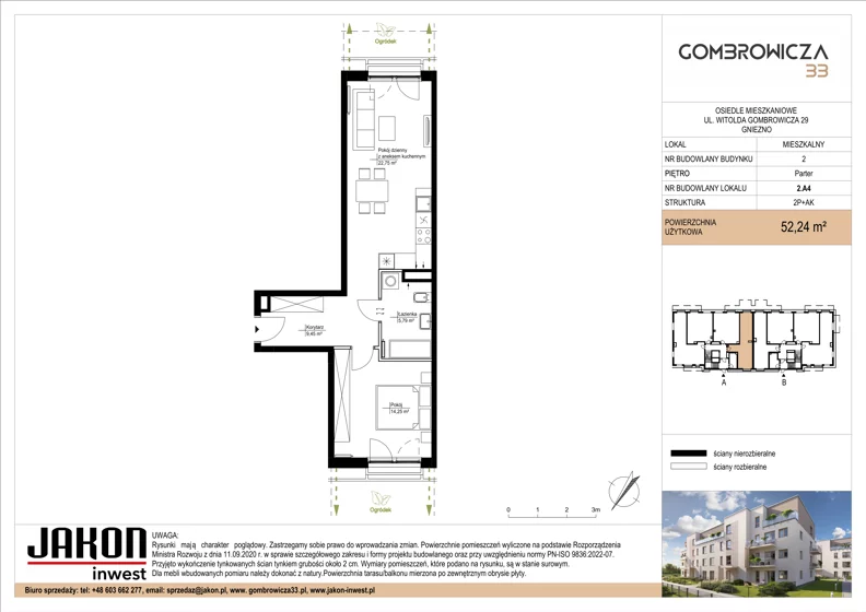 2 pokoje, mieszkanie 52,24 m², parter, oferta nr 2.A4, Gombrowicza 33, Gniezno, ul. Gombrowicza 33