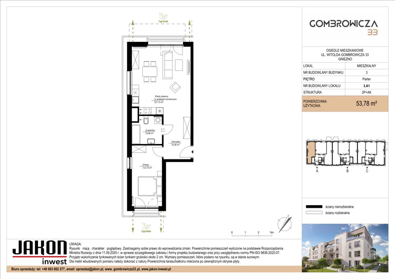 2 pokoje, mieszkanie 53,78 m², parter, oferta nr 3.A1, Gombrowicza 33, Gniezno, ul. Gombrowicza 33
