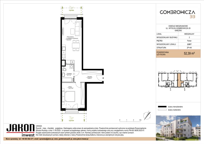 2 pokoje, mieszkanie 52,39 m², parter, oferta nr 2.B17, Gombrowicza 33, Gniezno, ul. Gombrowicza 33