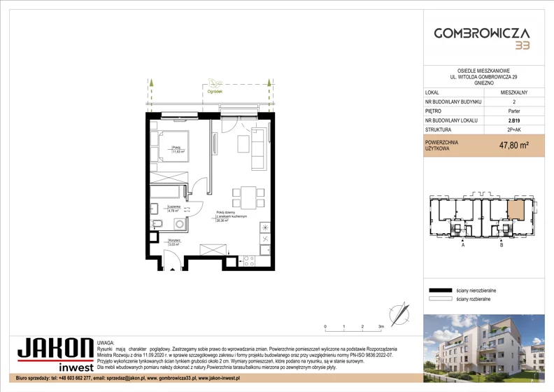2 pokoje, mieszkanie 47,80 m², parter, oferta nr 2.B19, Gombrowicza 33, Gniezno, ul. Gombrowicza 33