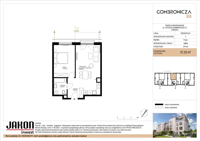 2 pokoje, mieszkanie 51,03 m², parter, oferta nr 3.B14, Gombrowicza 33, Gniezno, ul. Gombrowicza 33