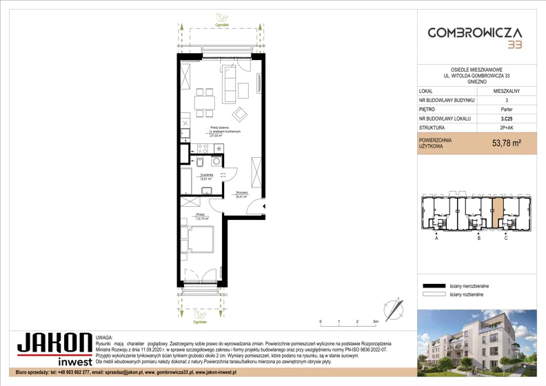 2 pokoje, mieszkanie 53,78 m², parter, oferta nr 3.C25, Gombrowicza 33, Gniezno, ul. Gombrowicza 33