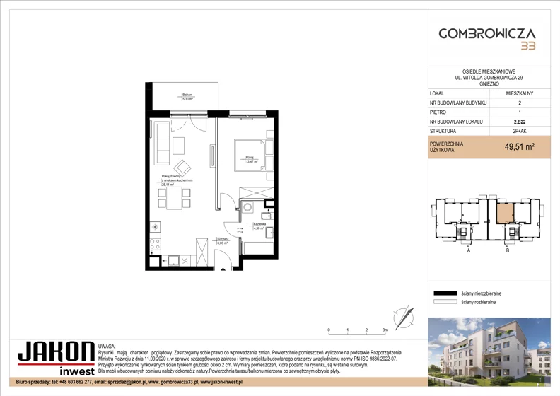 2 pokoje, mieszkanie 49,51 m², piętro 1, oferta nr 2.B22, Gombrowicza 33, Gniezno, ul. Gombrowicza 33