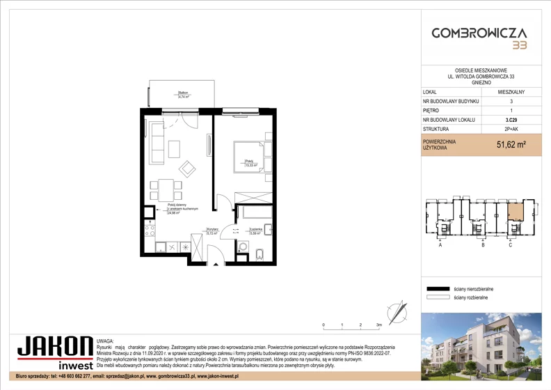 2 pokoje, mieszkanie 51,62 m², piętro 1, oferta nr 3.C29, Gombrowicza 33, Gniezno, ul. Gombrowicza 33