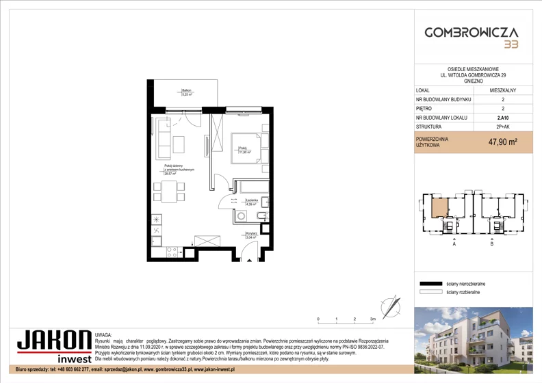 2 pokoje, mieszkanie 47,90 m², piętro 2, oferta nr 2.A10, Gombrowicza 33, Gniezno, ul. Gombrowicza 33