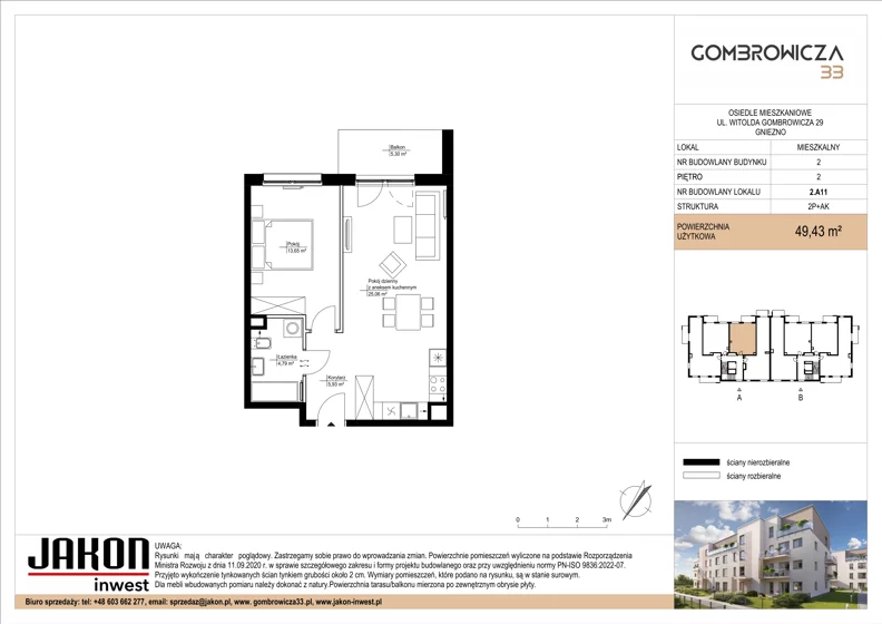 2 pokoje, mieszkanie 49,43 m², piętro 2, oferta nr 2.A11, Gombrowicza 33, Gniezno, ul. Gombrowicza 33