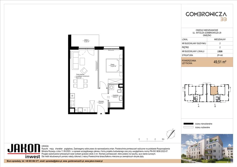 2 pokoje, mieszkanie 49,51 m², piętro 2, oferta nr 2.B26, Gombrowicza 33, Gniezno, ul. Gombrowicza 33