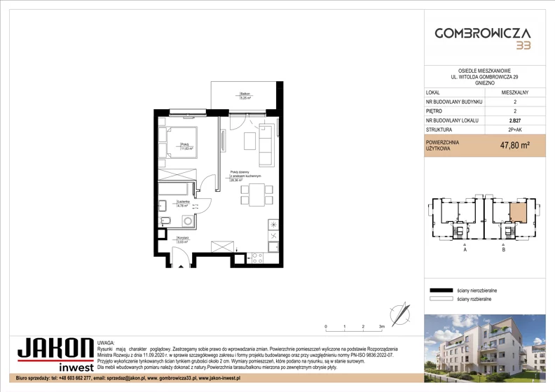 2 pokoje, mieszkanie 47,80 m², piętro 2, oferta nr 2.B27, Gombrowicza 33, Gniezno, ul. Gombrowicza 33