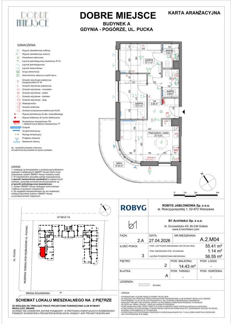 3 pokoje, mieszkanie 55,41 m², piętro 2, oferta nr A.2M04, Dobre Miejsce, Gdynia, Pogórze, Pogórze, ul. Pucka