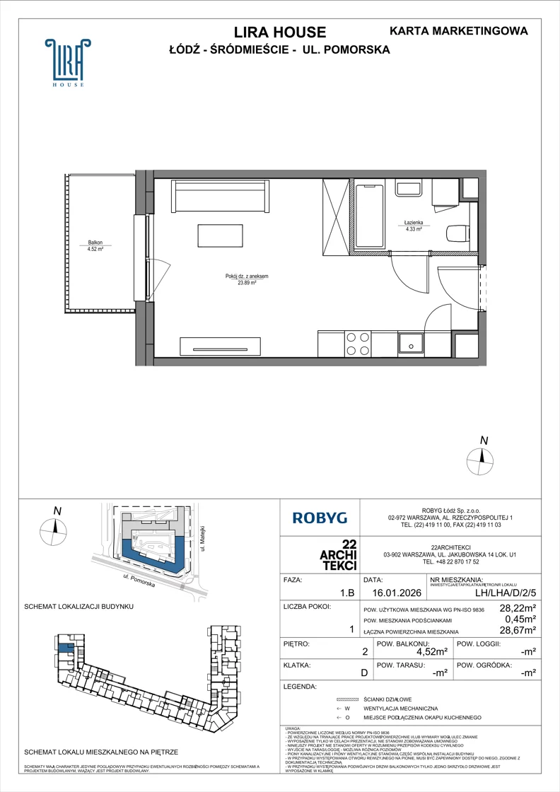 1 pokój, mieszkanie 28,22 m², piętro 2, oferta nr LH/LHA/D/2/5, Lira House, Łódź, Śródmieście, ul. Pomorska