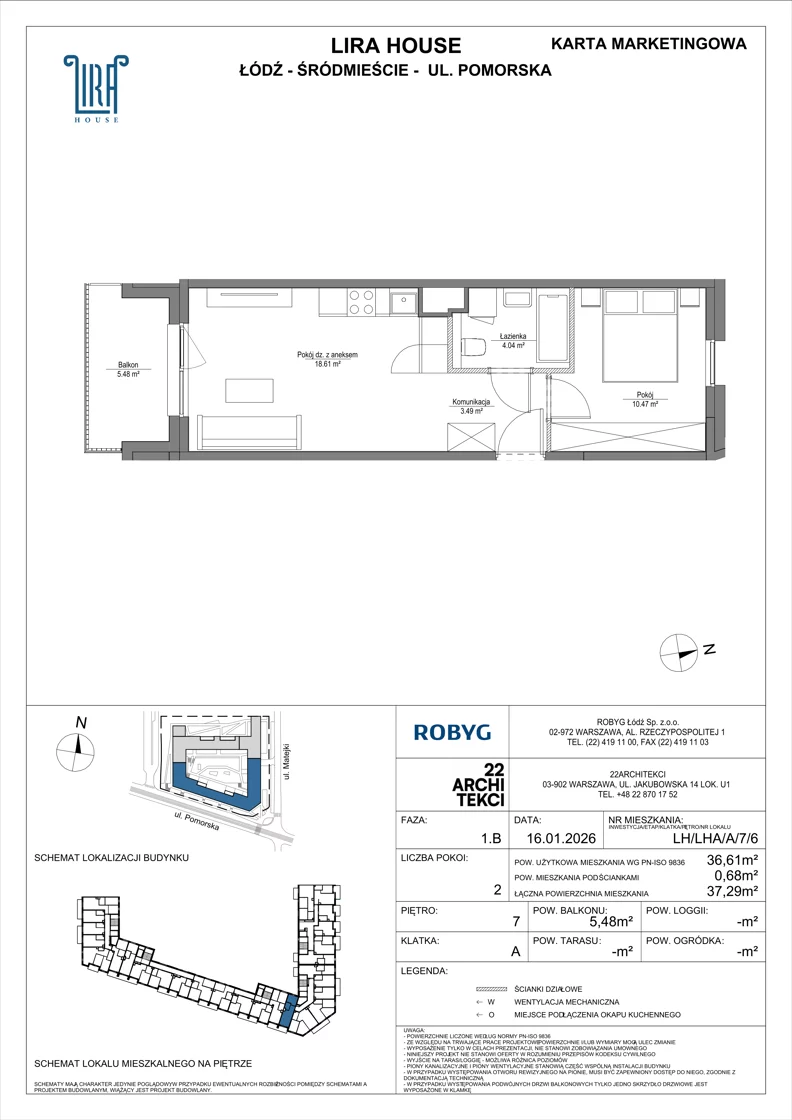 2 pokoje, mieszkanie 36,61 m², piętro 7, oferta nr LH/LHA/A/7/6, Lira House, Łódź, Śródmieście, ul. Pomorska