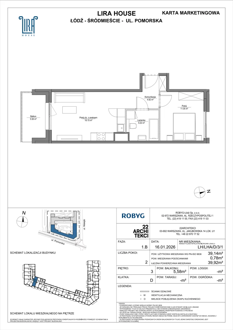 2 pokoje, mieszkanie 39,14 m², piętro 3, oferta nr LH/LHA/D/3/1, Lira House, Łódź, Śródmieście, ul. Pomorska