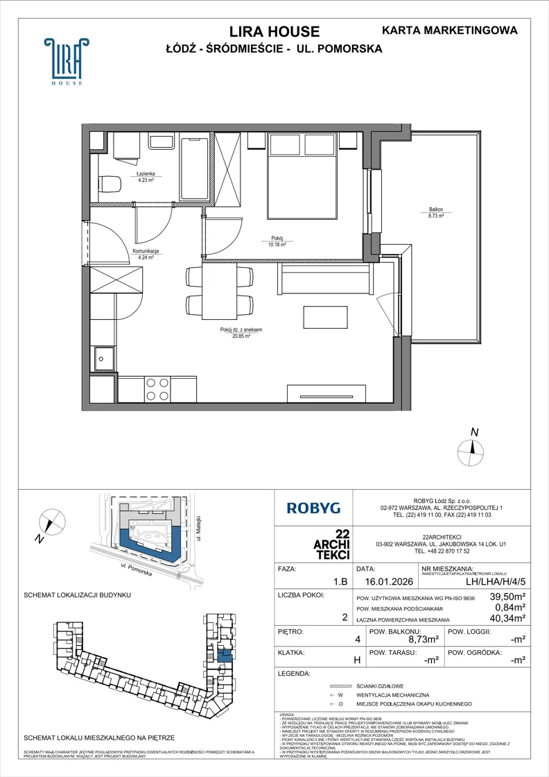 2 pokoje, mieszkanie 39,50 m², piętro 4, oferta nr LH/LHA/H/4/5, Lira House, Łódź, Śródmieście, ul. Pomorska