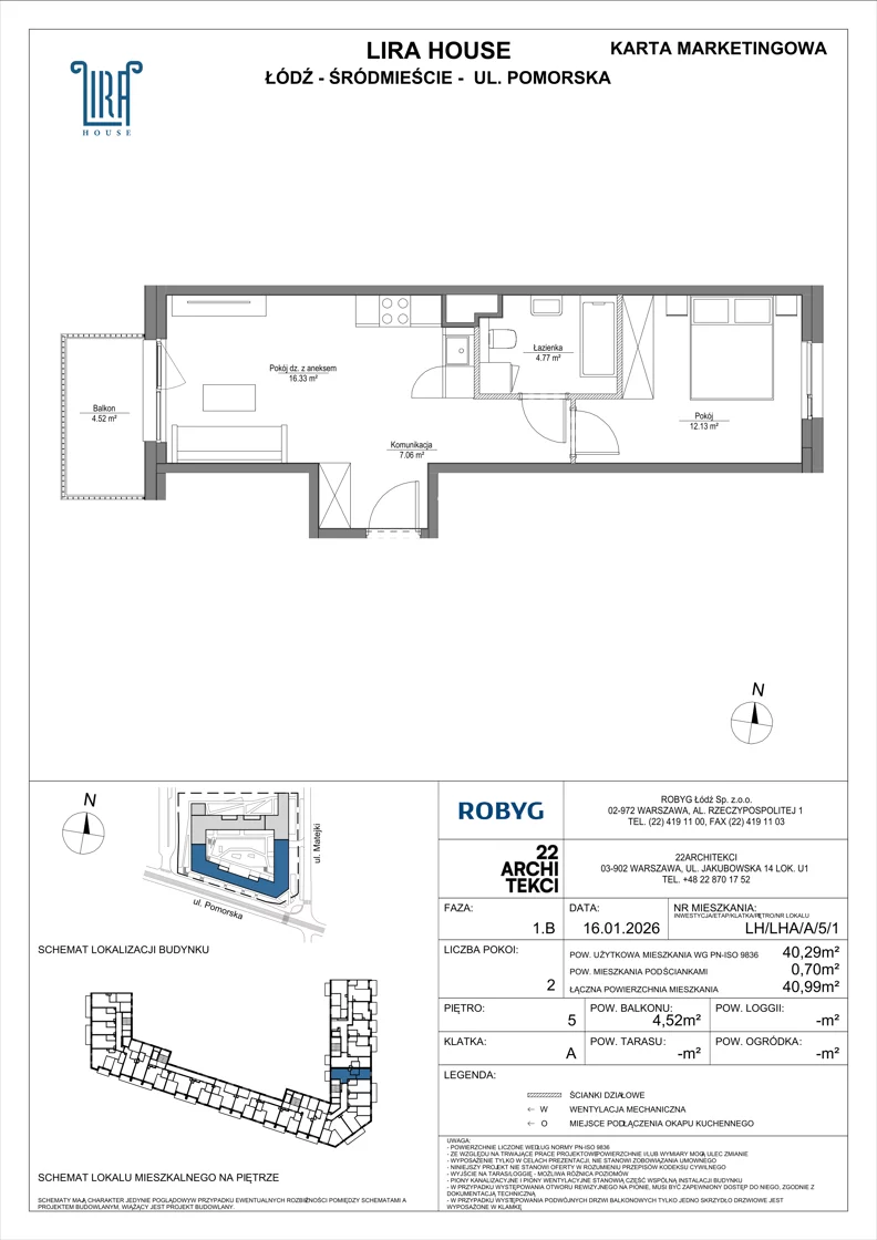 2 pokoje, mieszkanie 40,29 m², piętro 5, oferta nr LH/LHA/A/5/1, Lira House, Łódź, Śródmieście, ul. Pomorska