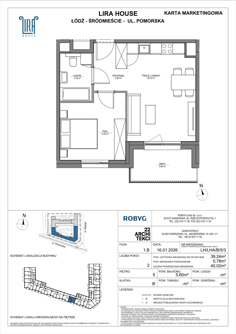 2 pokoje, mieszkanie 39,24 m², piętro 5, oferta nr LH/LHA/B/5/3, Lira House, Łódź, Śródmieście, ul. Pomorska