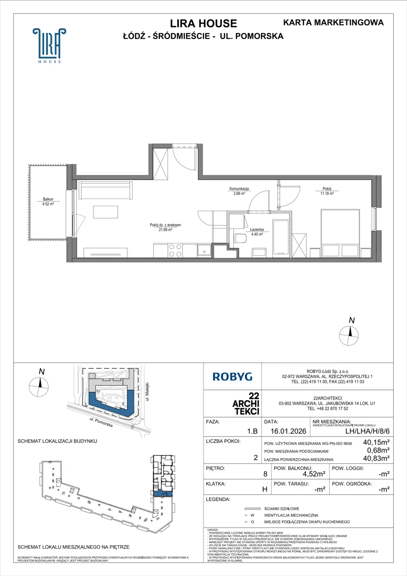 2 pokoje, mieszkanie 40,15 m², piętro 8, oferta nr LH/LHA/H/8/6, Lira House, Łódź, Śródmieście, ul. Pomorska
