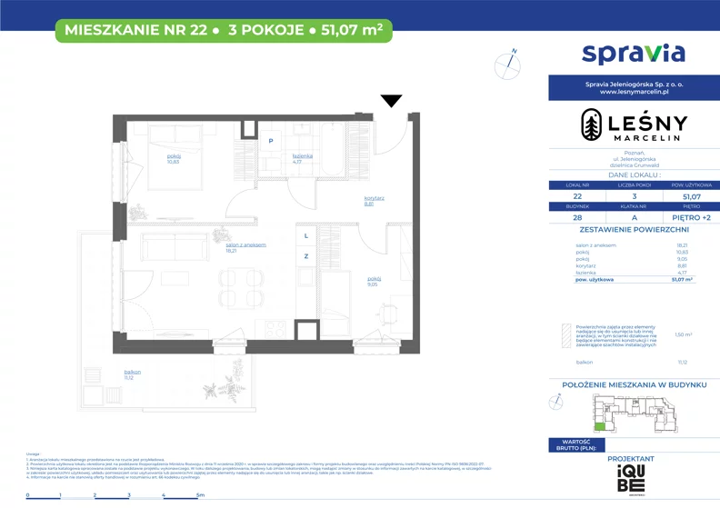 3 pokoje, mieszkanie 51,07 m², piętro 2, oferta nr 28/22, Leśny Marcelin, Poznań, Grunwald, Junikowo, ul. Jeleniogórska