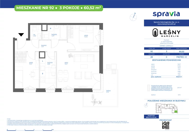 3 pokoje, mieszkanie 60,52 m², piętro 3, oferta nr 28/92, Leśny Marcelin, Poznań, Grunwald, Junikowo, ul. Jeleniogórska
