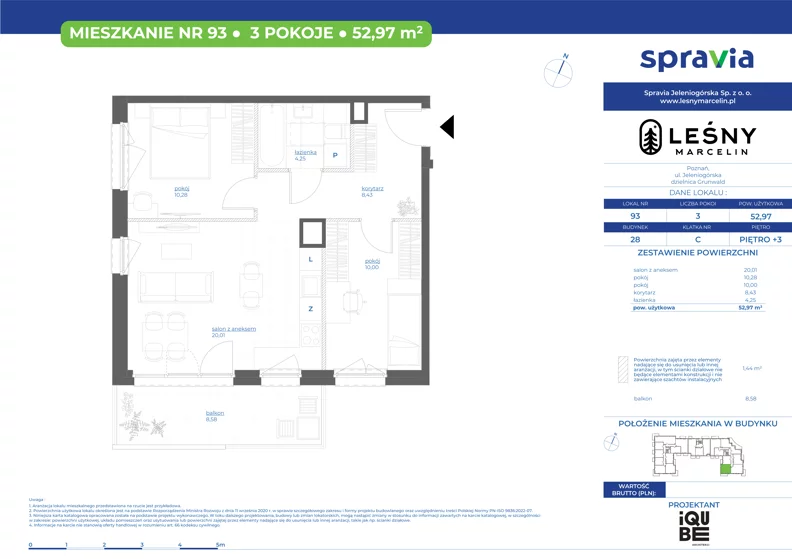 3 pokoje, mieszkanie 52,97 m², piętro 3, oferta nr 28/93, Leśny Marcelin, Poznań, Grunwald, Junikowo, ul. Jeleniogórska