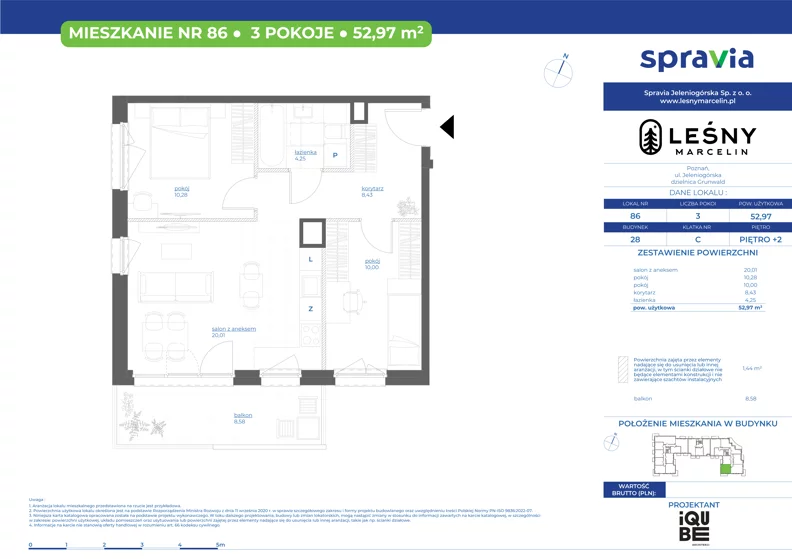 3 pokoje, mieszkanie 52,97 m², piętro 2, oferta nr 28/86, Leśny Marcelin, Poznań, Grunwald, Junikowo, ul. Jeleniogórska