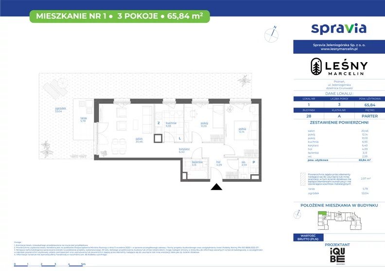 3 pokoje, mieszkanie 65,84 m², parter, oferta nr 28/1, Leśny Marcelin, Poznań, Grunwald, Junikowo, ul. Jeleniogórska