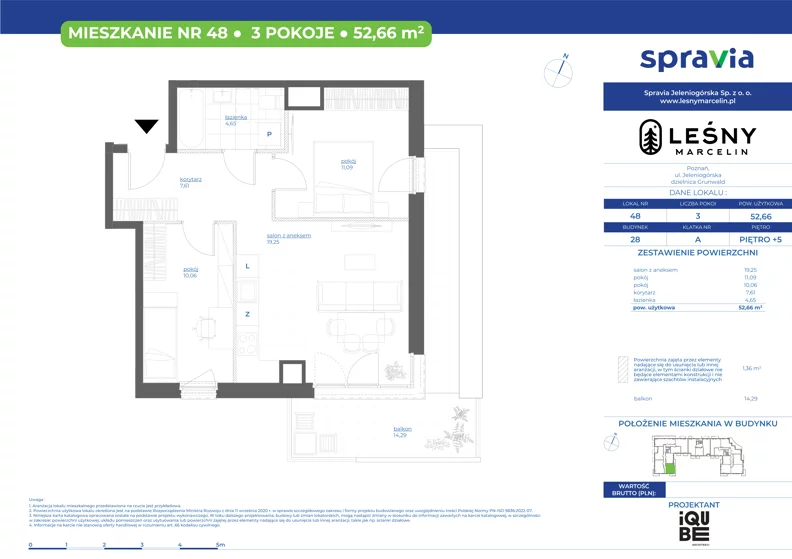 3 pokoje, mieszkanie 52,66 m², piętro 5, oferta nr 28/48, Leśny Marcelin, Poznań, Grunwald, Junikowo, ul. Jeleniogórska