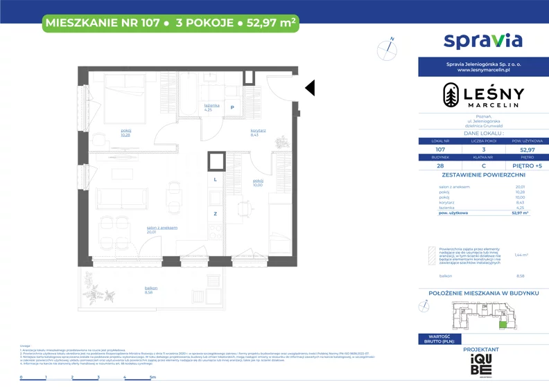3 pokoje, mieszkanie 52,97 m², piętro 5, oferta nr 28/107, Leśny Marcelin, Poznań, Grunwald, Junikowo, ul. Jeleniogórska