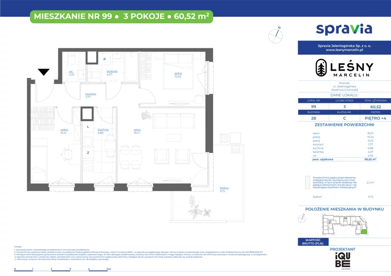 3 pokoje, mieszkanie 60,52 m², piętro 4, oferta nr 28/99, Leśny Marcelin, Poznań, Grunwald, Junikowo, ul. Jeleniogórska