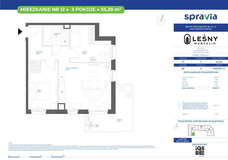 3 pokoje, mieszkanie 55,38 m², piętro 1, oferta nr 28/12, Leśny Marcelin, Poznań, Grunwald, Junikowo, ul. Jeleniogórska