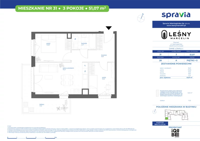 3 pokoje, mieszkanie 51,07 m², piętro 3, oferta nr 28/31, Leśny Marcelin, Poznań, Grunwald, Junikowo, ul. Jeleniogórska