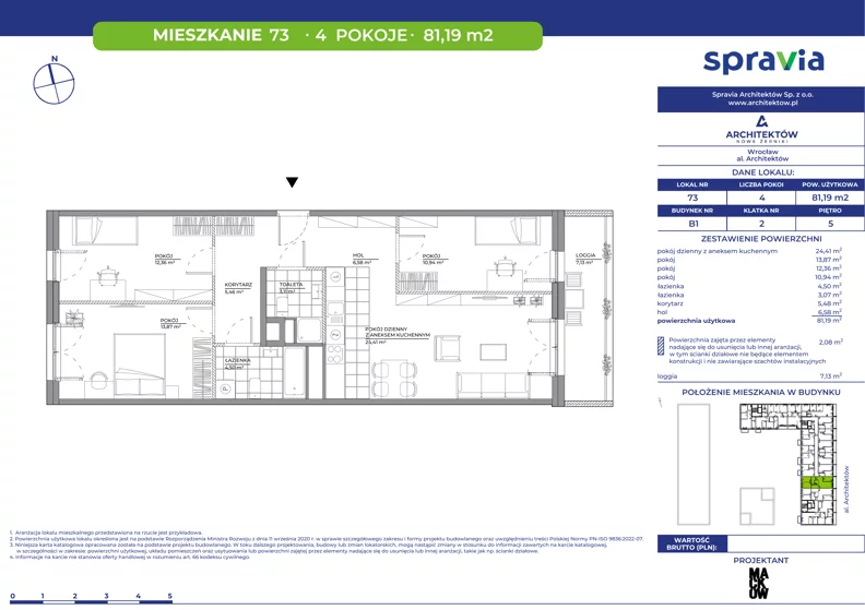 4 pokoje, mieszkanie 81,19 m², piętro 5, oferta nr B1/73, Architektów, Wrocław, Al. Architektów 22-30