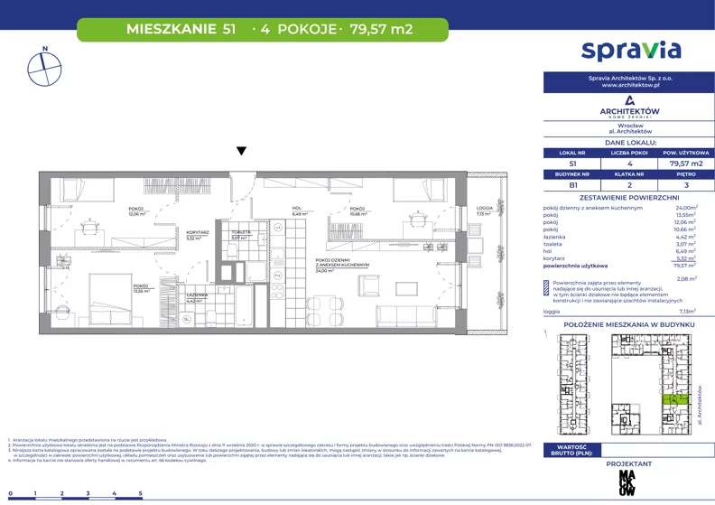 4 pokoje, mieszkanie 79,57 m², piętro 3, oferta nr B1/51, Architektów, Wrocław, Al. Architektów 22-30