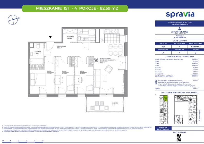 4 pokoje, mieszkanie 82,59 m², piętro 3, oferta nr A/151, Architektów, Wrocław, Al. Architektów 22-30