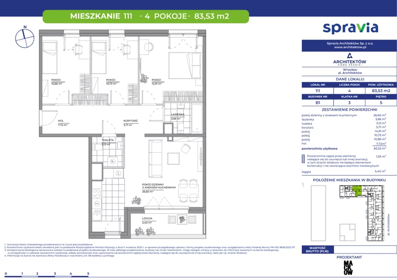 4 pokoje, mieszkanie 83,53 m², piętro 5, oferta nr B1/111, Architektów, Wrocław, Al. Architektów 22-30