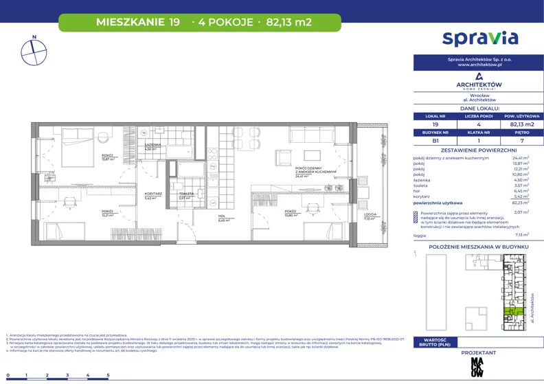 4 pokoje, mieszkanie 82,13 m², piętro 7, oferta nr B1/19, Architektów, Wrocław, Al. Architektów 22-30