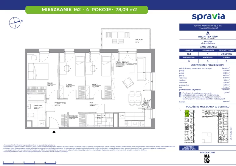 4 pokoje, mieszkanie 78,09 m², piętro 4, oferta nr A/162, Architektów, Wrocław, Al. Architektów 22-30
