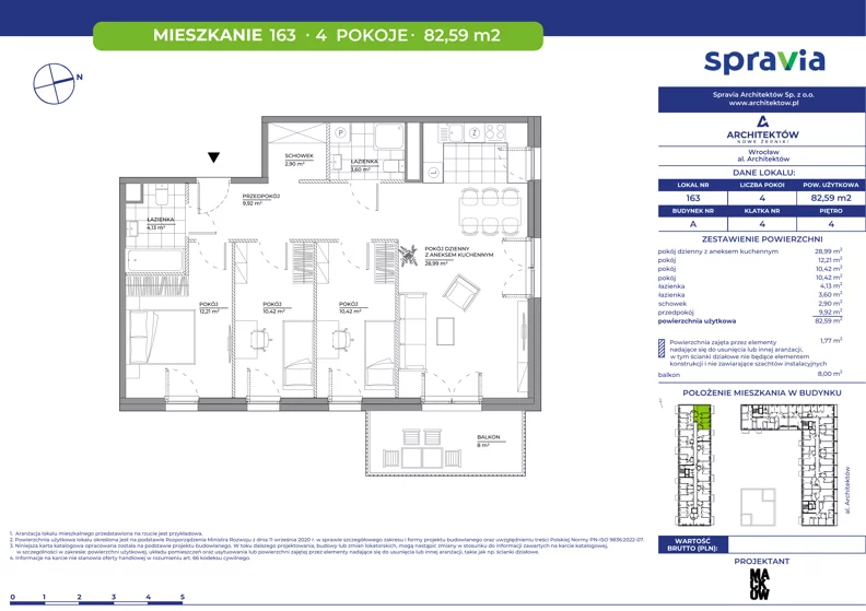 4 pokoje, mieszkanie 82,59 m², piętro 4, oferta nr A/163, Architektów, Wrocław, Al. Architektów 22-30
