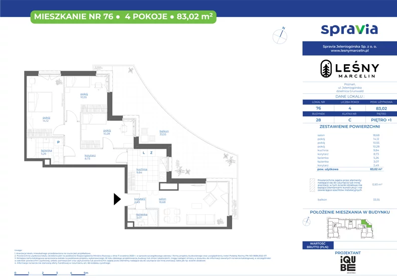4 pokoje, mieszkanie 83,02 m², piętro 1, oferta nr 28/76, Leśny Marcelin, Poznań, Grunwald, Junikowo, ul. Jeleniogórska