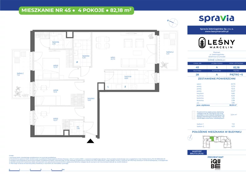 4 pokoje, mieszkanie 82,18 m², piętro 5, oferta nr 28/45, Leśny Marcelin, Poznań, Grunwald, Junikowo, ul. Jeleniogórska