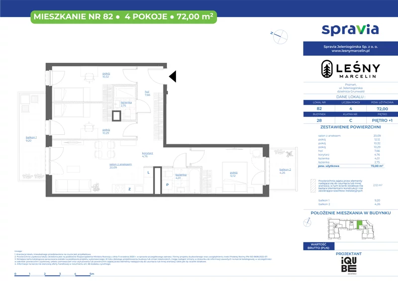 4 pokoje, mieszkanie 72,00 m², piętro 1, oferta nr 28/82, Leśny Marcelin, Poznań, Grunwald, Junikowo, ul. Jeleniogórska