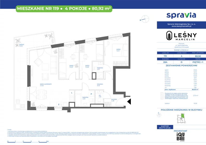 4 pokoje, mieszkanie 80,92 m², piętro 1, oferta nr 28A/119, Leśny Marcelin, Poznań, Grunwald, Junikowo, ul. Jeleniogórska