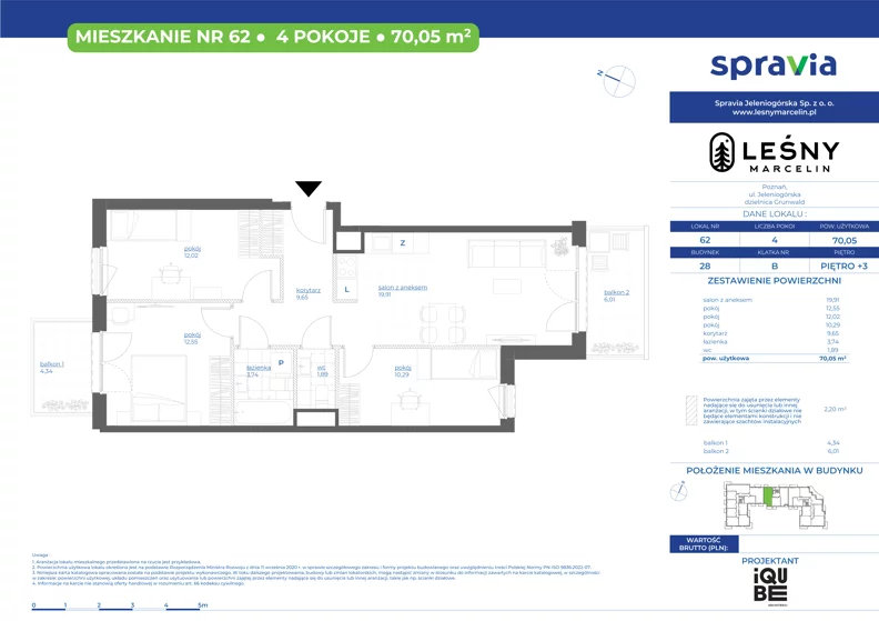 4 pokoje, mieszkanie 70,05 m², piętro 3, oferta nr 28/62, Leśny Marcelin, Poznań, Grunwald, Junikowo, ul. Jeleniogórska