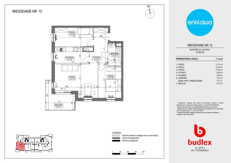 3 pokoje, mieszkanie 68,59 m², piętro 3, oferta nr Z4/15, Osiedle Enklawa, Bydgoszcz, Zawisza, ul. Zaświat 24