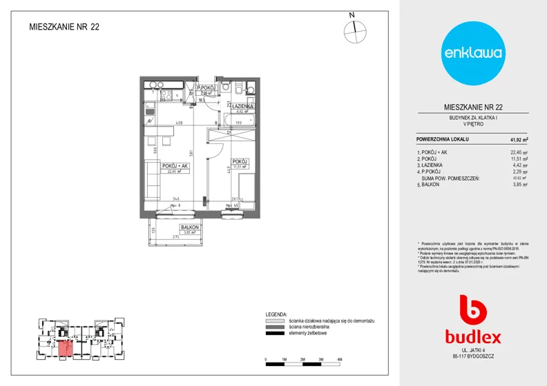 2 pokoje, mieszkanie 40,62 m², piętro 5, oferta nr Z4/22, Osiedle Enklawa, Bydgoszcz, Zawisza, ul. Zaświat 24